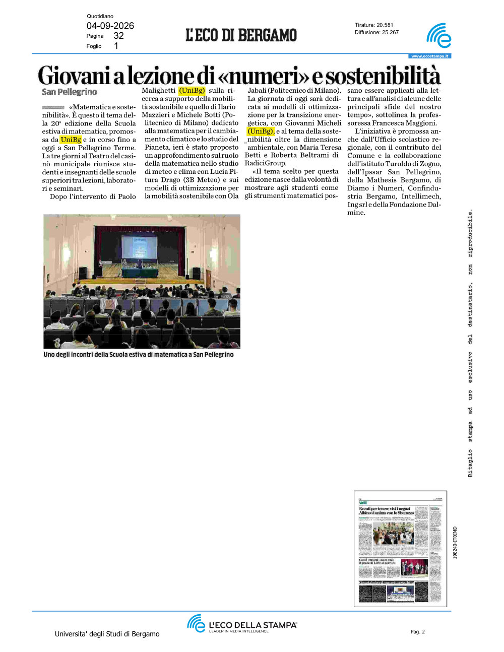 Scuola Estiva UniBg | 2-3-4 settembre 2026 <b>Matematica e Sostenibilità</b> Teatro, Casinò Municipale San Pellegrino Terme | v.le della Vittoria, 53 San Pellegrino Terme (Bg)